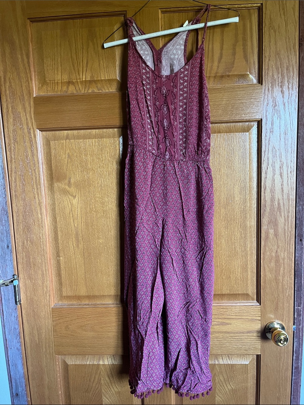 Aeropostale Burgundy Printed Sleeveless Jumpsuit with Pom Trim